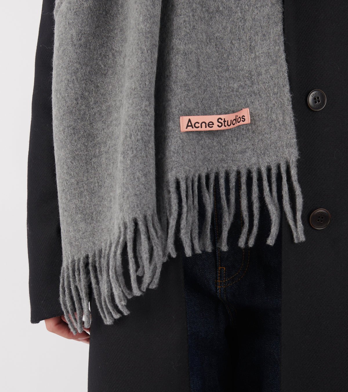 Fringe Wool Scarf Narrow Grey Melange