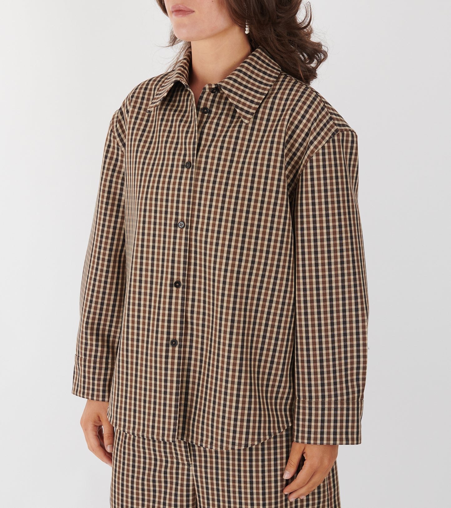 Micro Check Dry Wool Canvas Shirt Brown