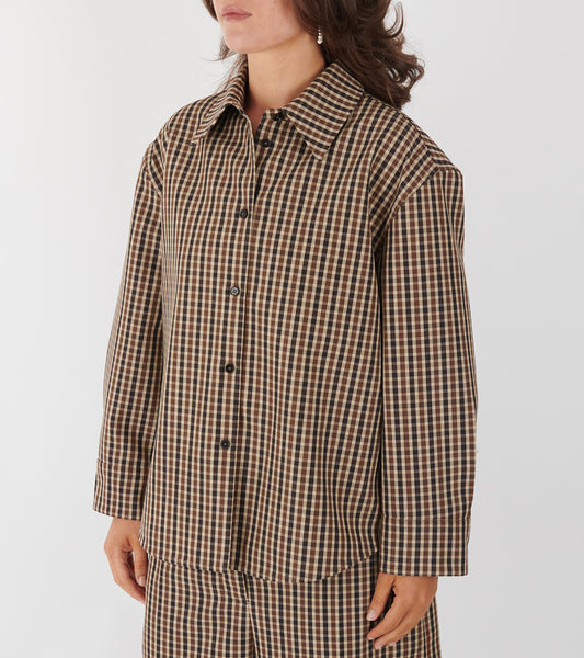 Micro Check Dry Wool Canvas Shirt Brown
