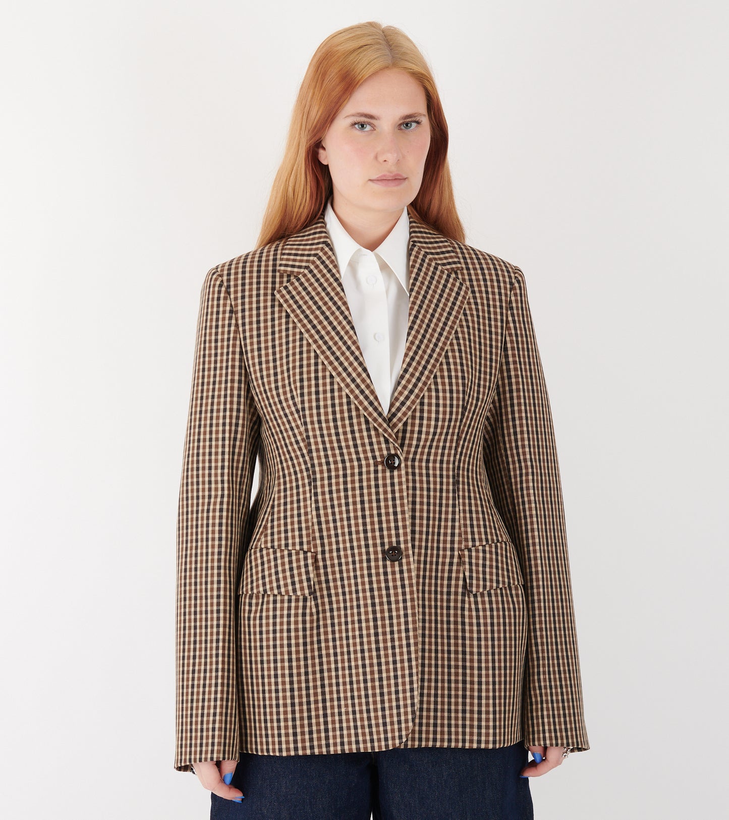 Micro Check Dry Wool Canvas Blazer Brown