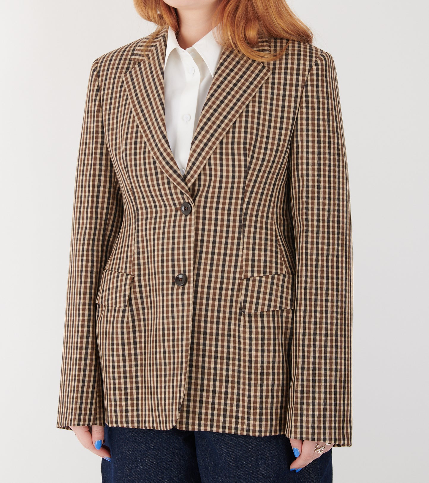 Micro Check Dry Wool Canvas Blazer Brown