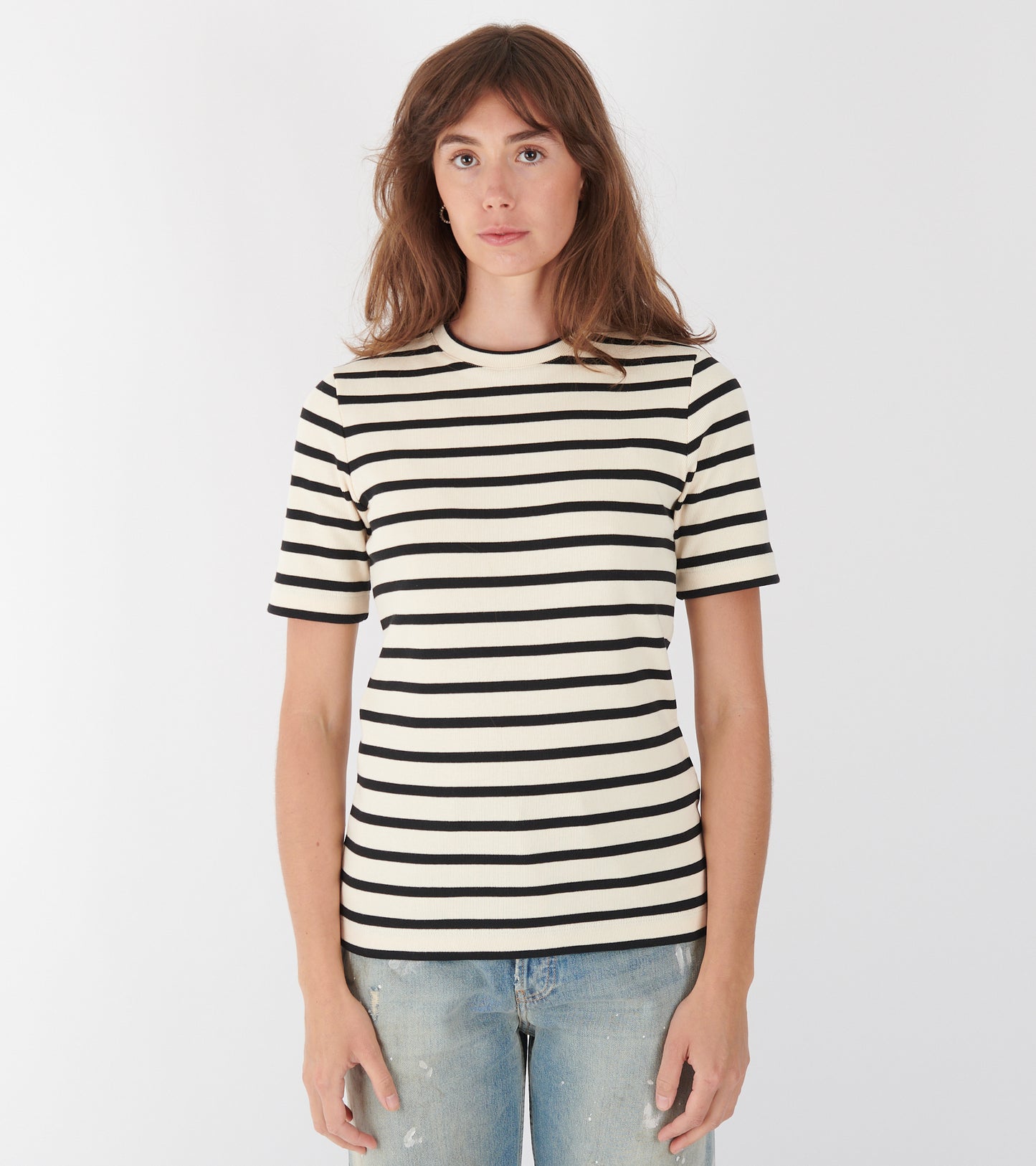 Ribbed Cotton Jersey Stripe T-shirt Open Grey