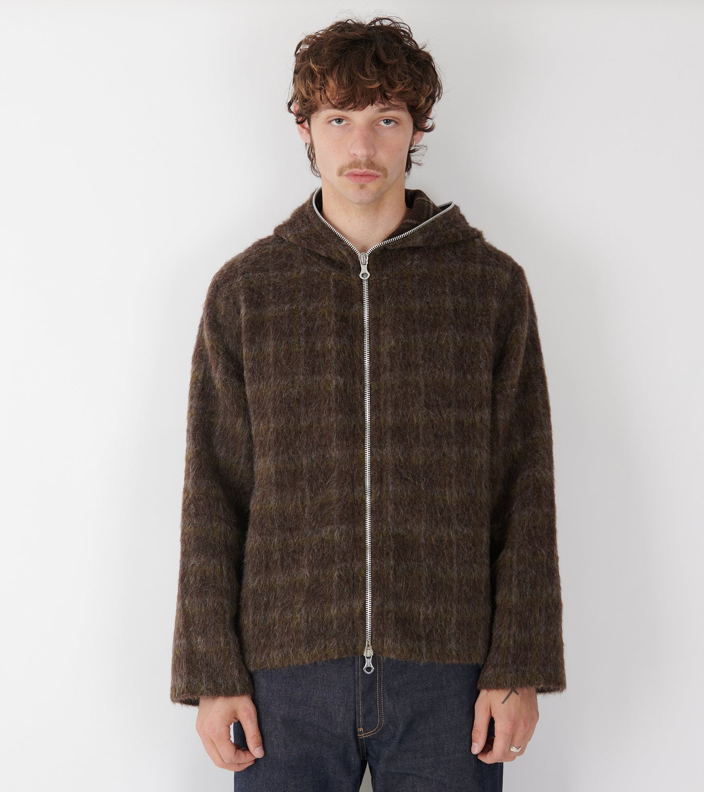 Full Zip Hood Dorf Check Hairy Wool