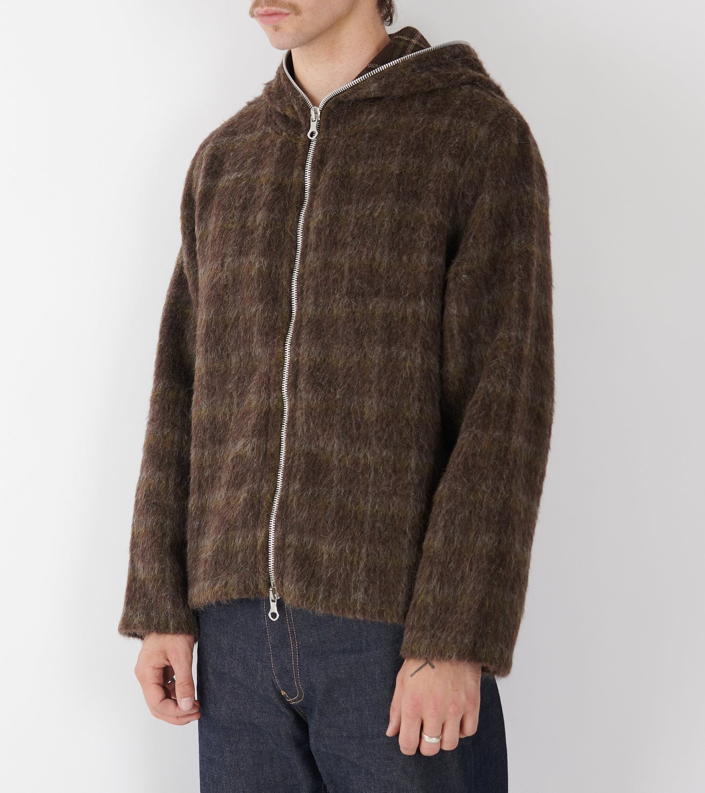 Full Zip Hood Dorf Check Hairy Wool