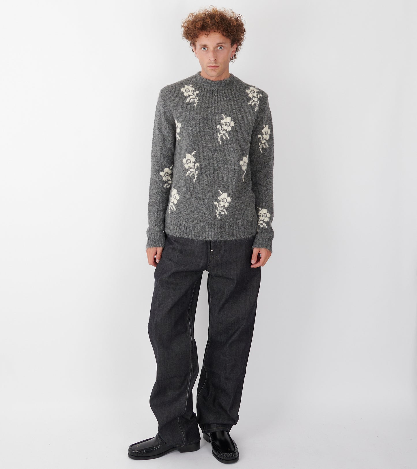 Wool Alpaca Flower Intarsia Knit Grey