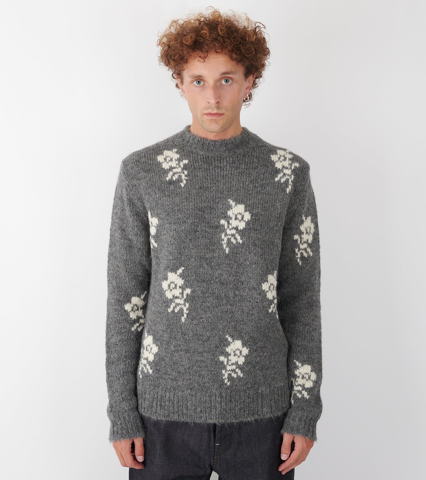 Wool Alpaca Flower Intarsia Knit Grey