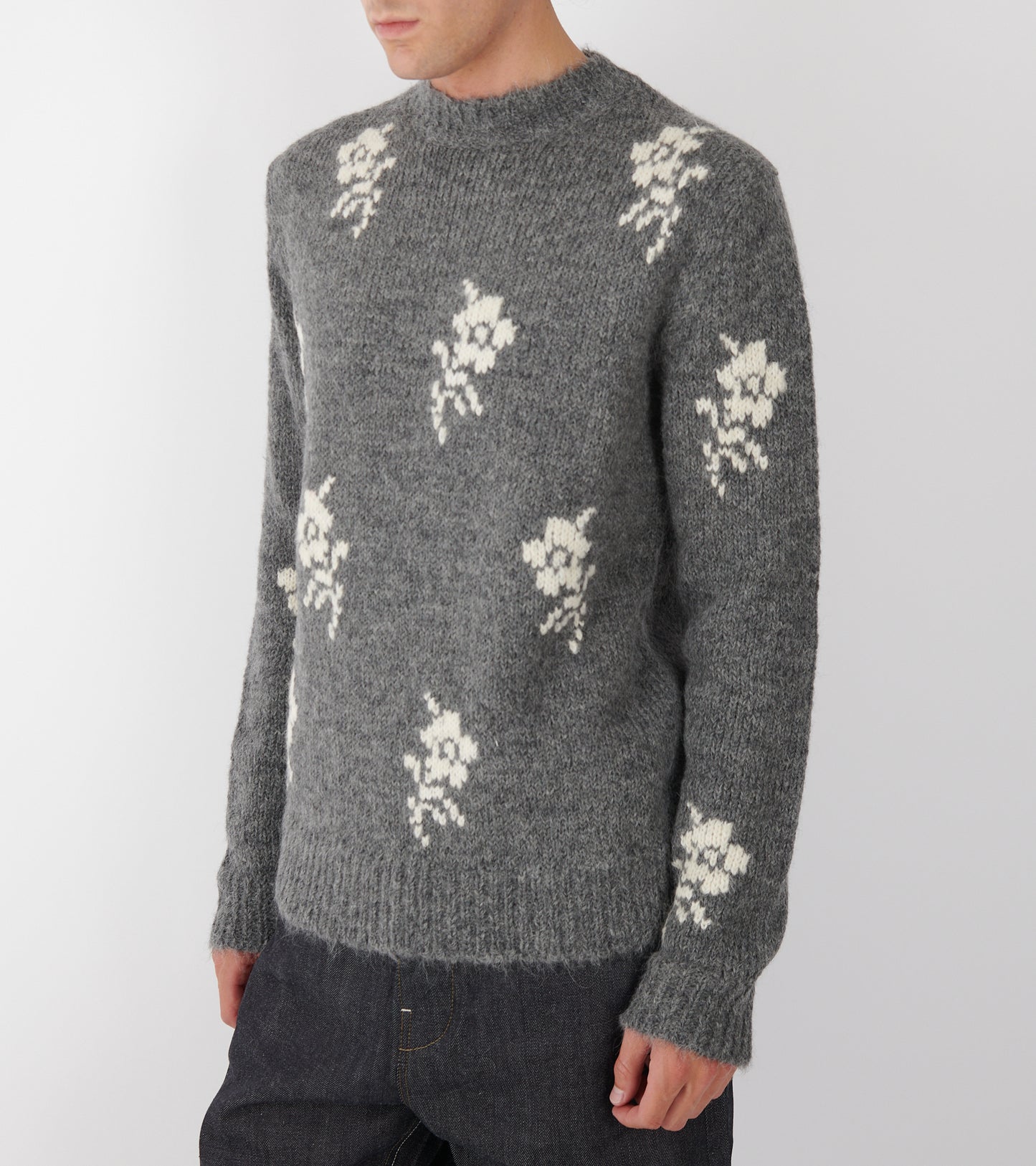 Wool Alpaca Flower Intarsia Knit Grey