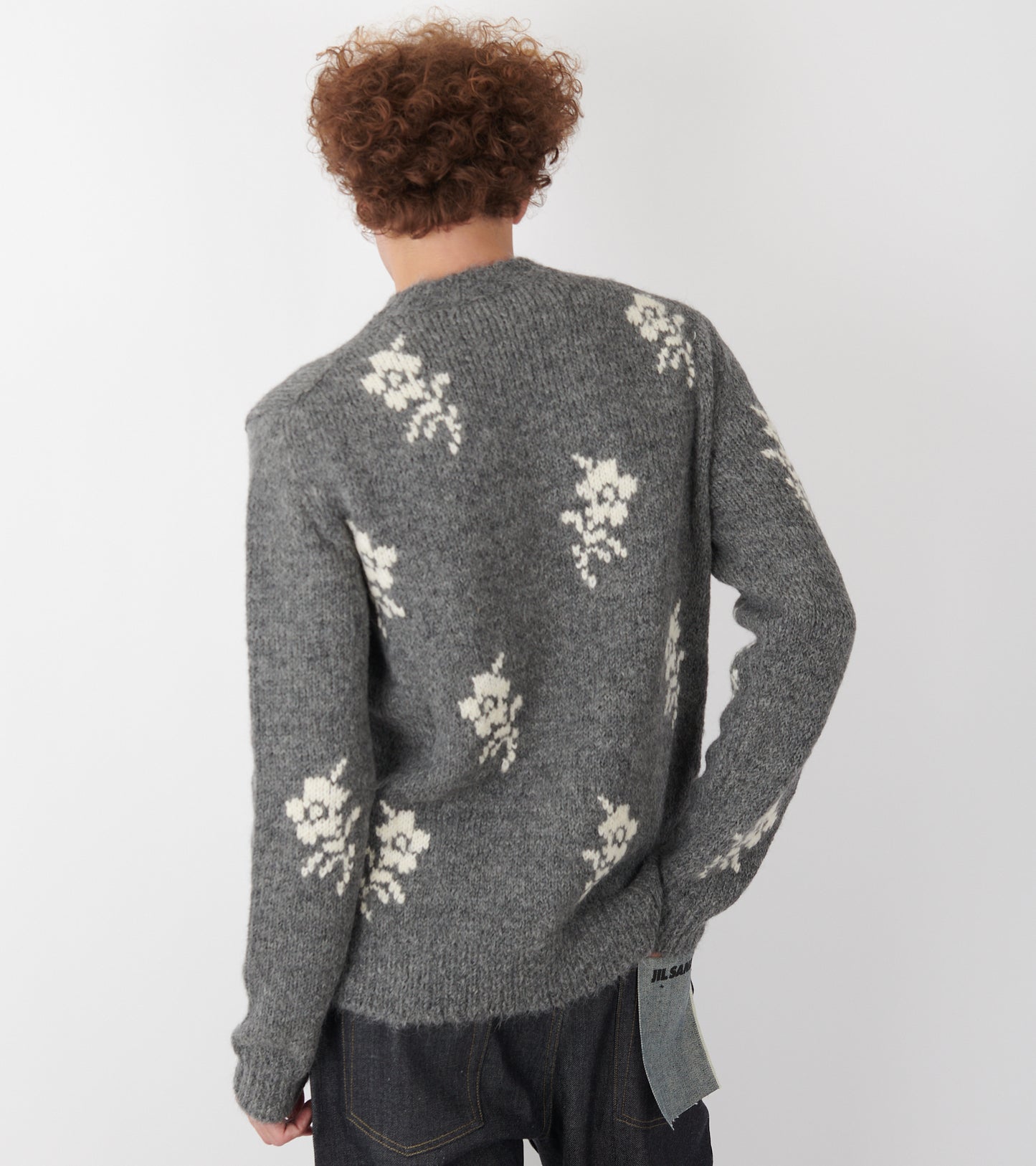 Wool Alpaca Flower Intarsia Knit Grey