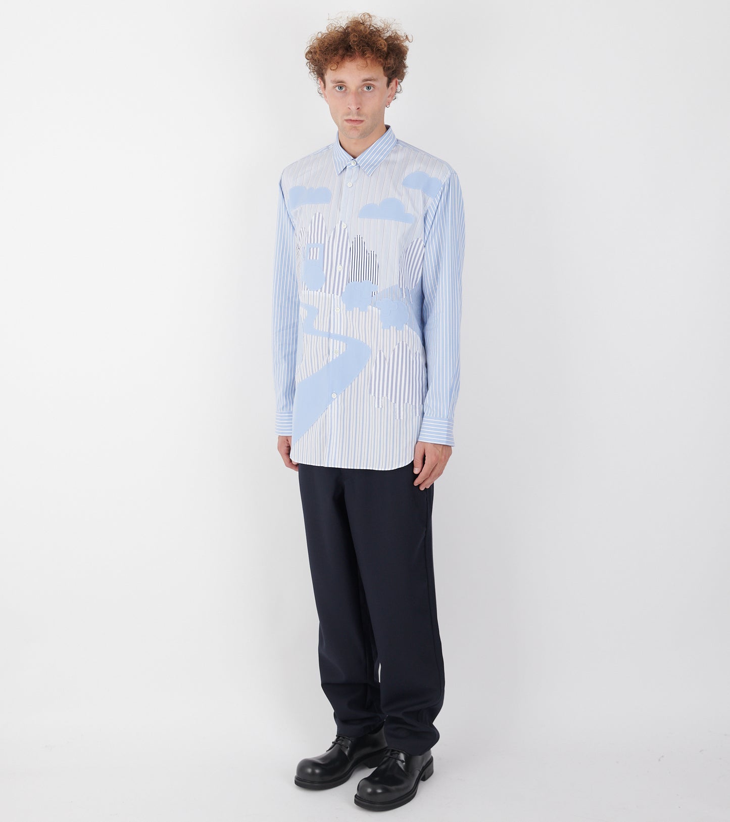 Striped Farmlife Patchwork Shirt Light Blue/White