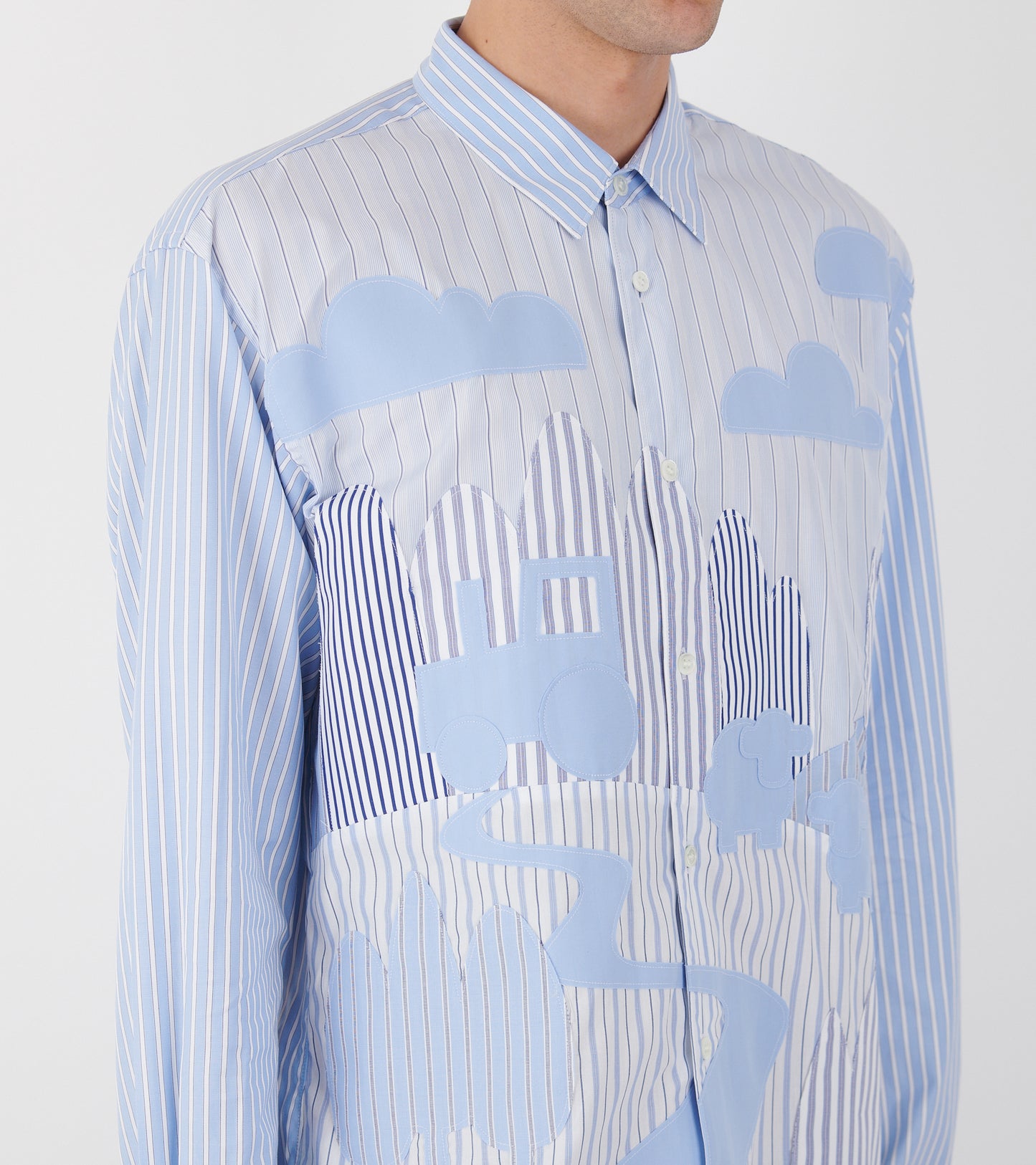 Striped Farmlife Patchwork Shirt Light Blue/White