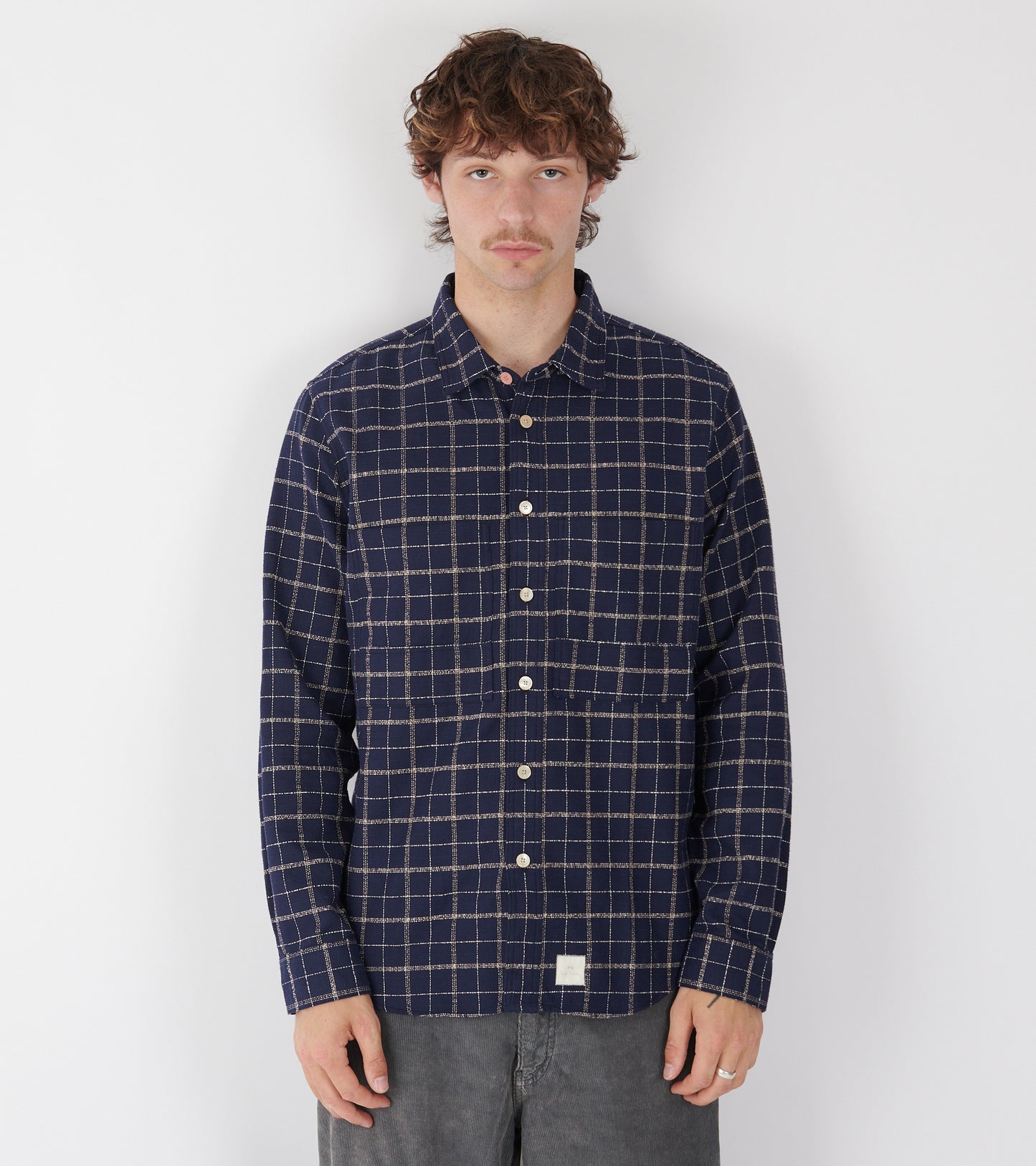 Cotton Crepe Check Overshirt Navy