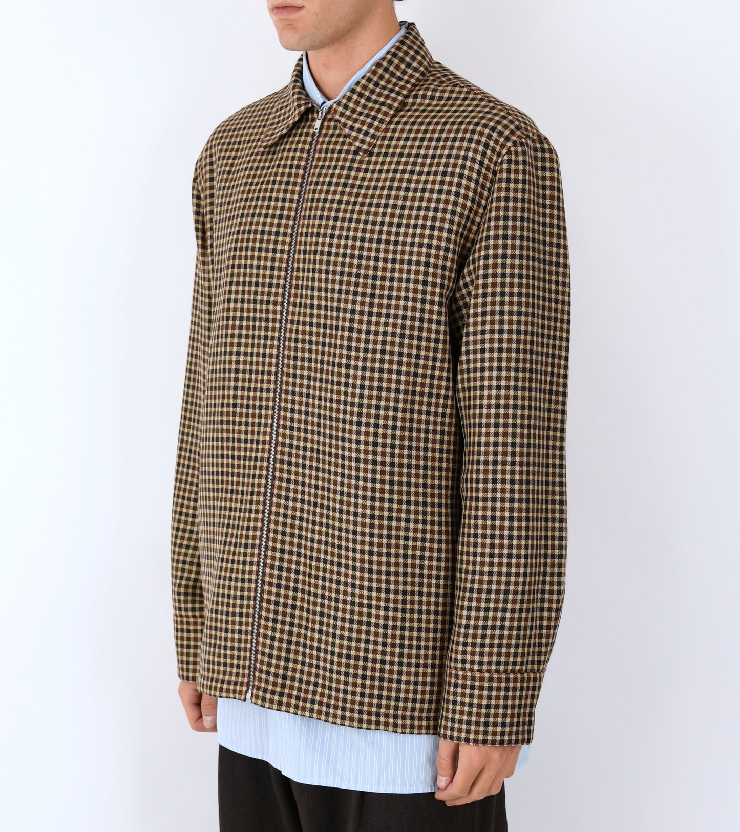 Light Wool Linen Micro Check Shirt Hazelnut Mouline