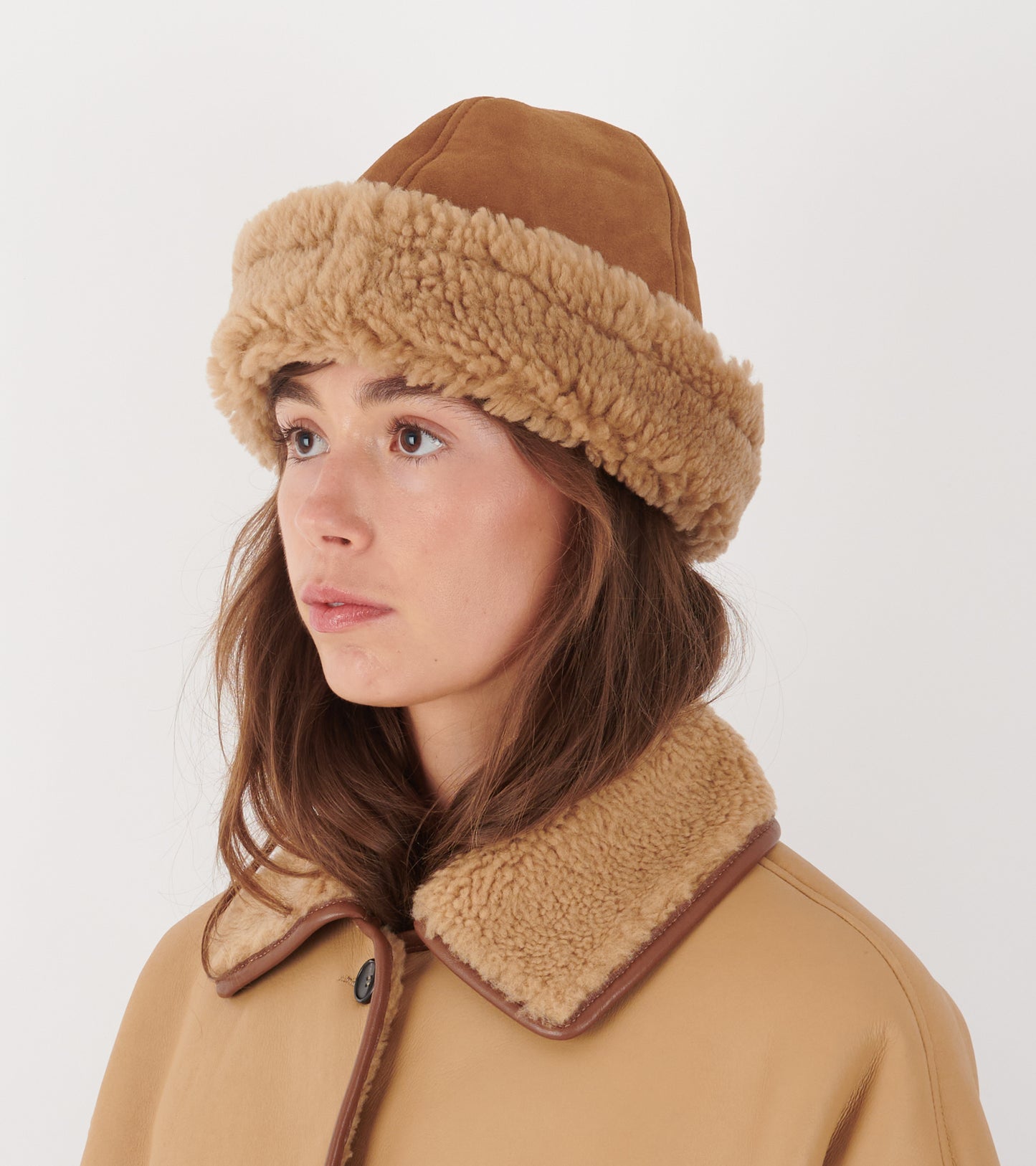 Suede Back Curly Hair Cap Tan