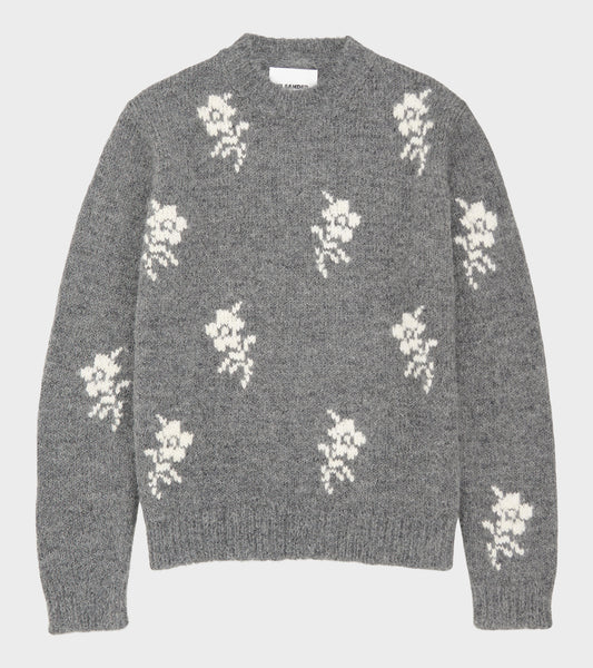 Wool Alpaca Flower Intarsia Knit Grey