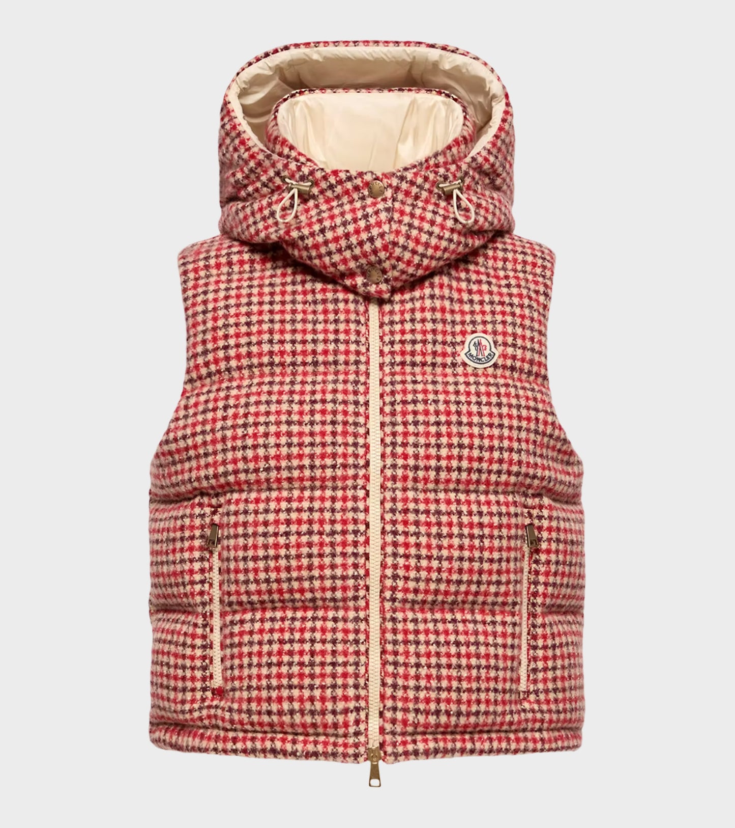 Niverolle Houndstooth Wool Blend Down Vest Rose Pink/Red