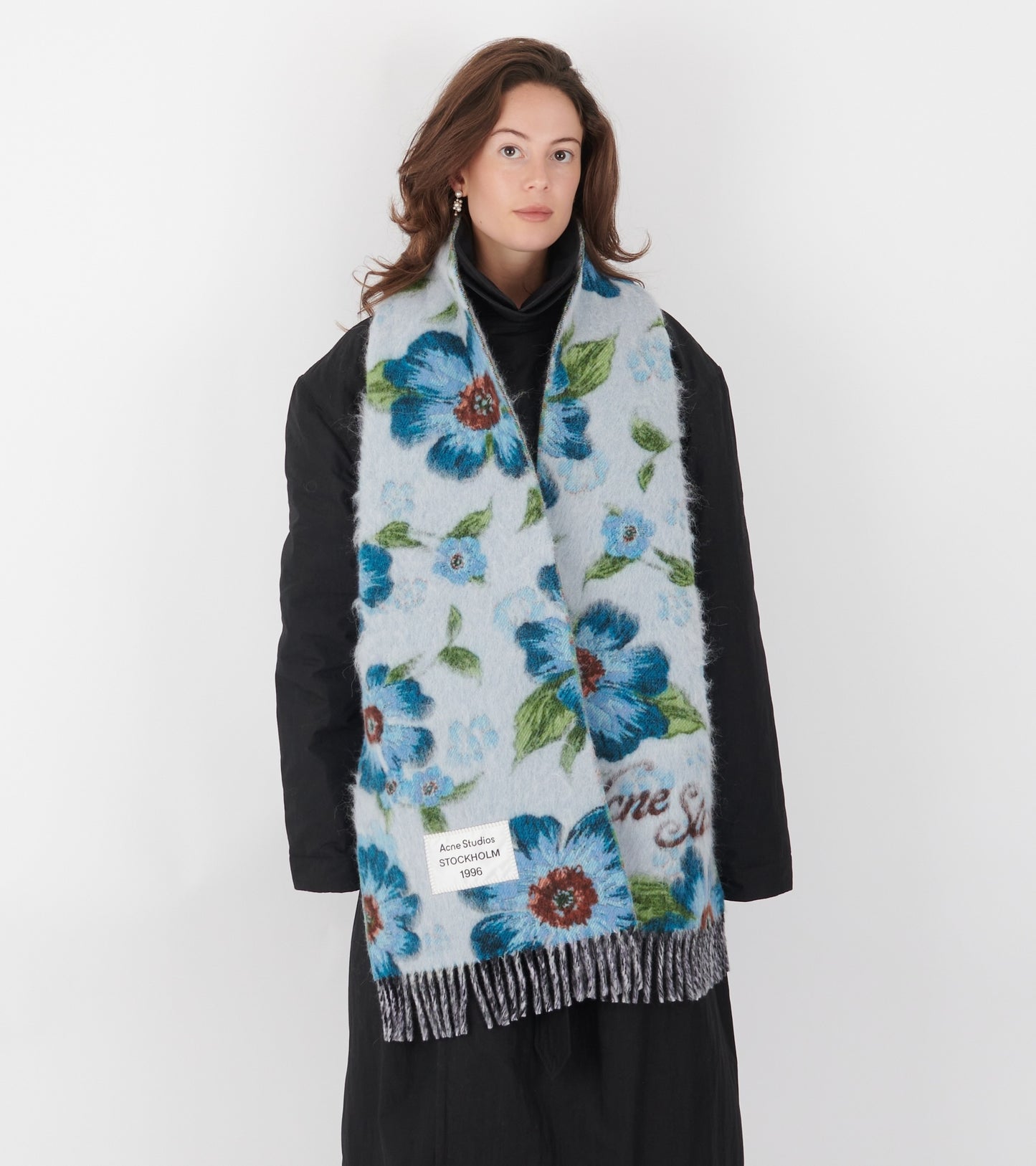 Fringed Wool Scarf Floral Blue
