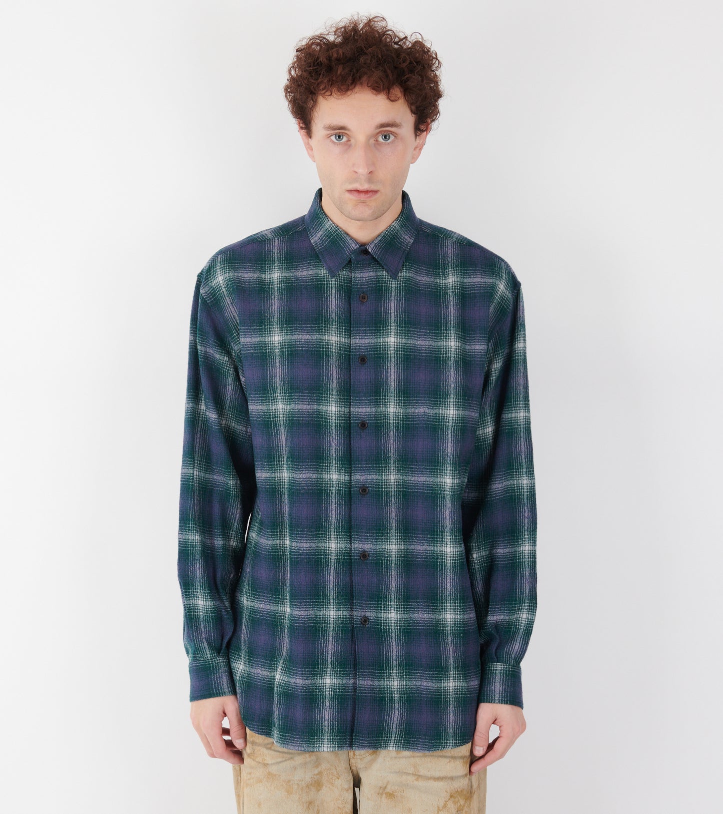 Airy Wool Check Shirt Forest Green/Navy