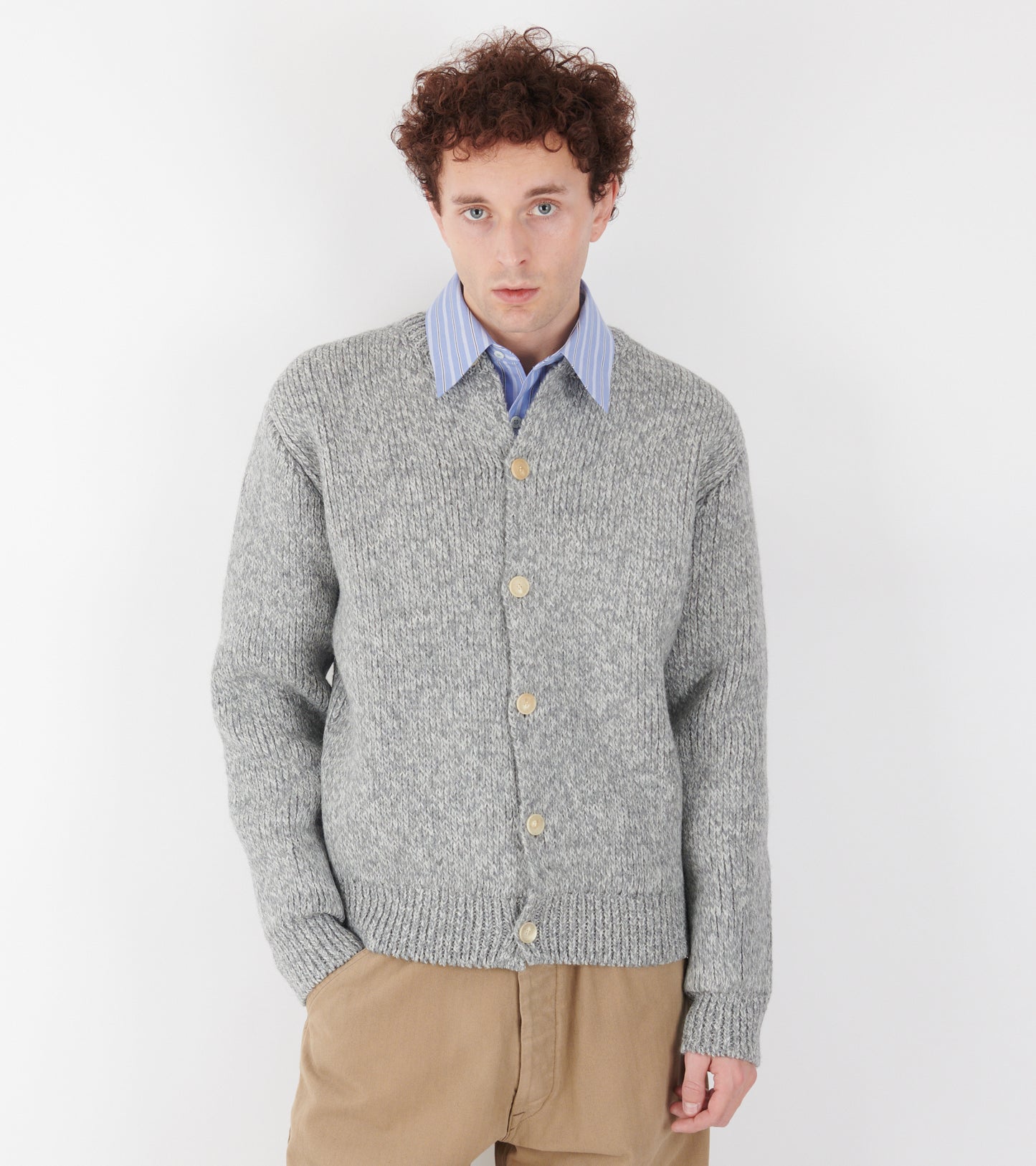 Double-Faced Wool Crewneck Cardigan Light Grey