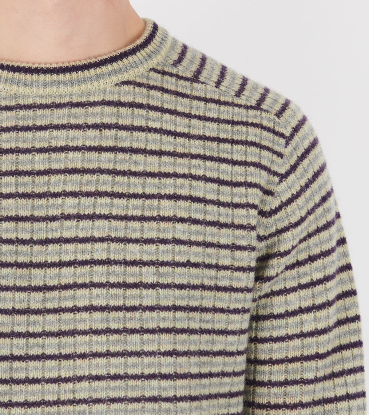 Shetland Wool Cashmere Rib Knit Pullover Lime Purple Stripe