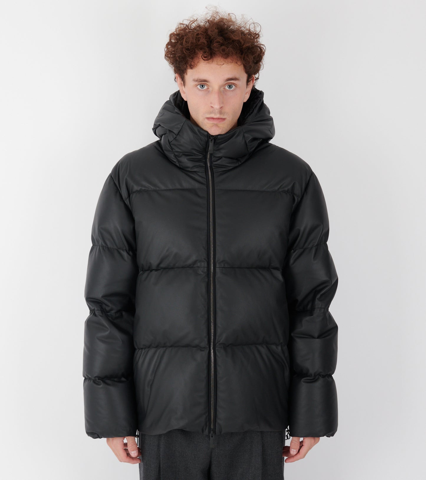 Mentone Hooded Nappa Leather Down Jacket Black