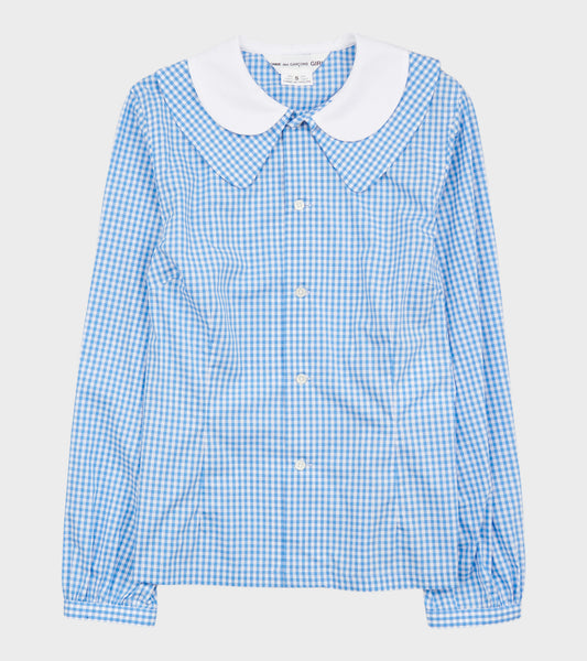 Round Collar Check Shirt Light Blue/White