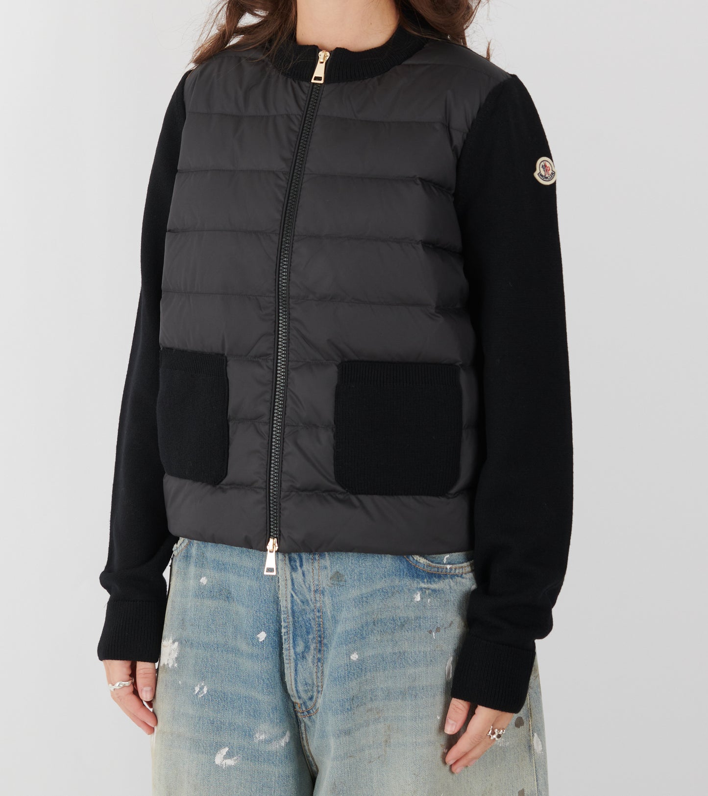 Padded Merino Wool Zip Up Cardigan Black