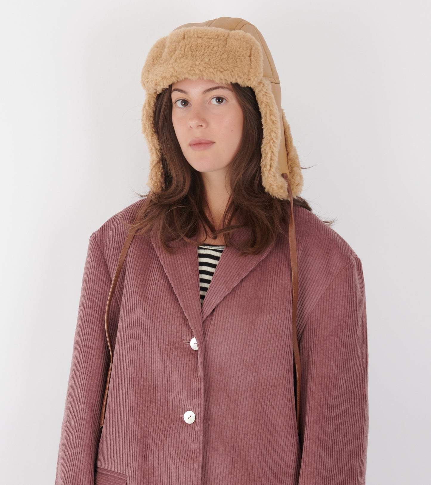 Leather Back Straight Hair Sheepskin Tapper Hat Tan