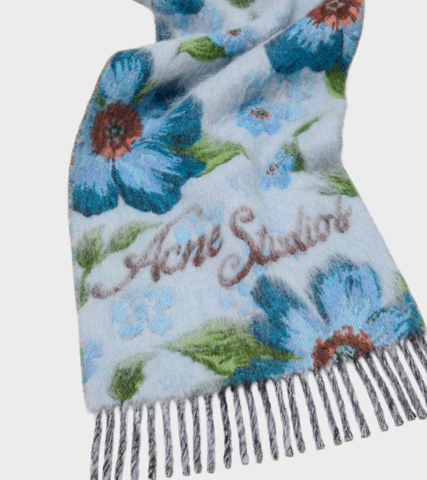 Fringed Wool Scarf Floral Blue