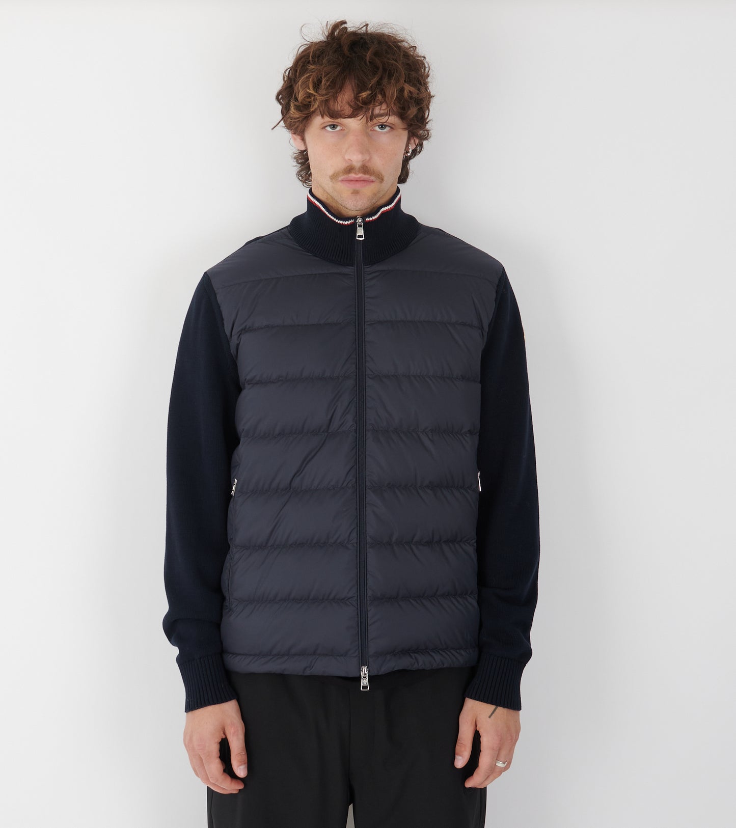 Cotton Knit Tricolor Cardigan Tricot Navy Blue