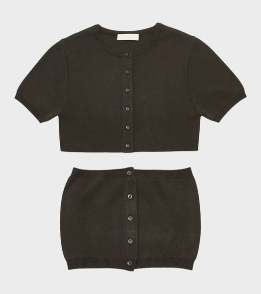 Crop Button Cardigan Set Dark Brown