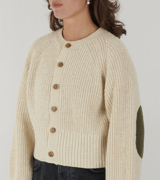 Elbow Patch Cardigan Off-White/Olive