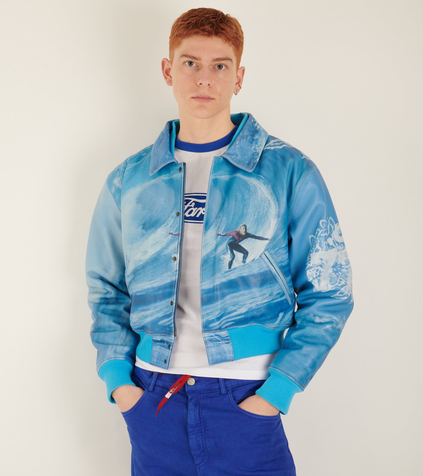 Surf Printed Leather Bomber Blue