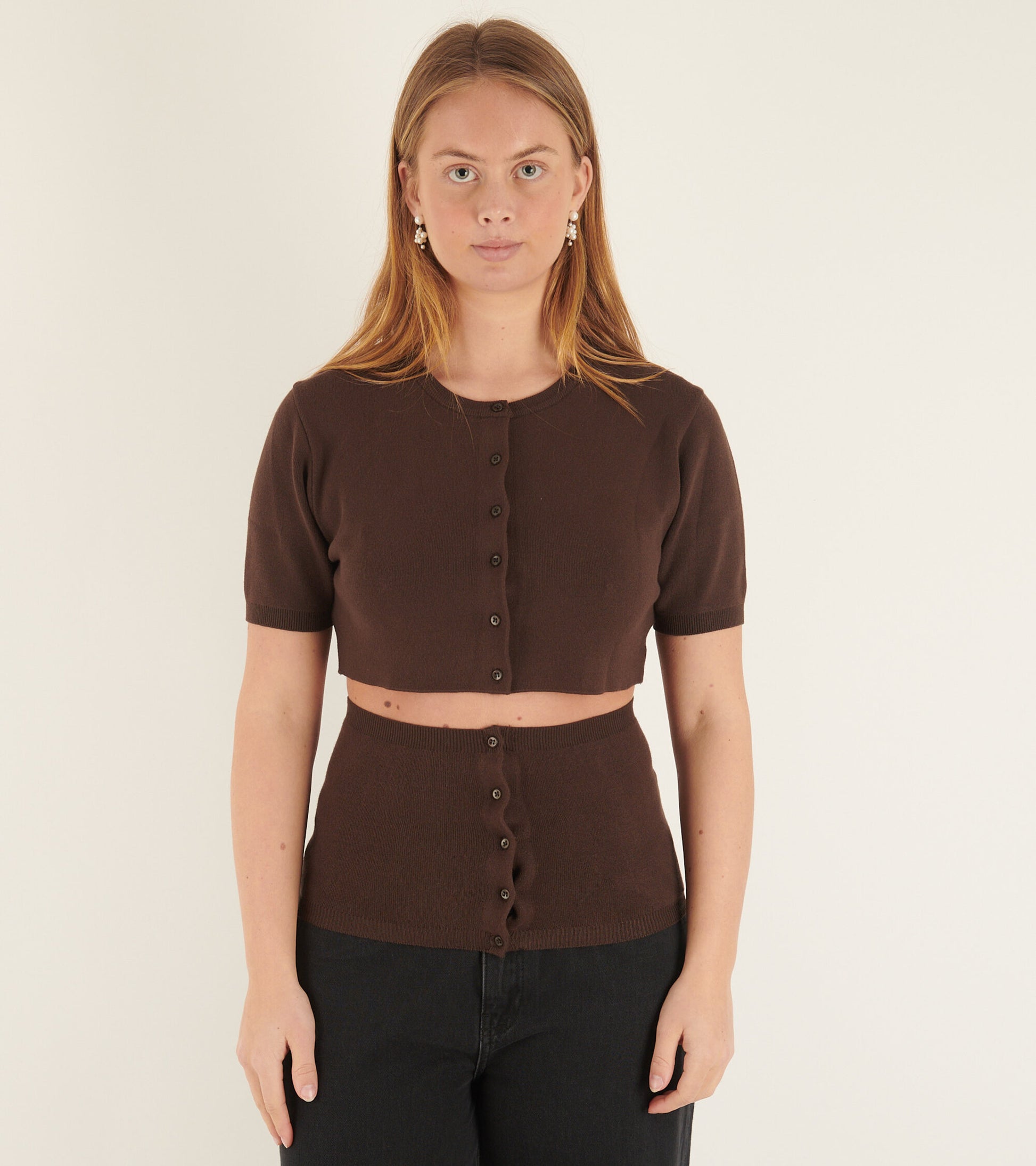 Crop Button Cardigan Set Dark Brown