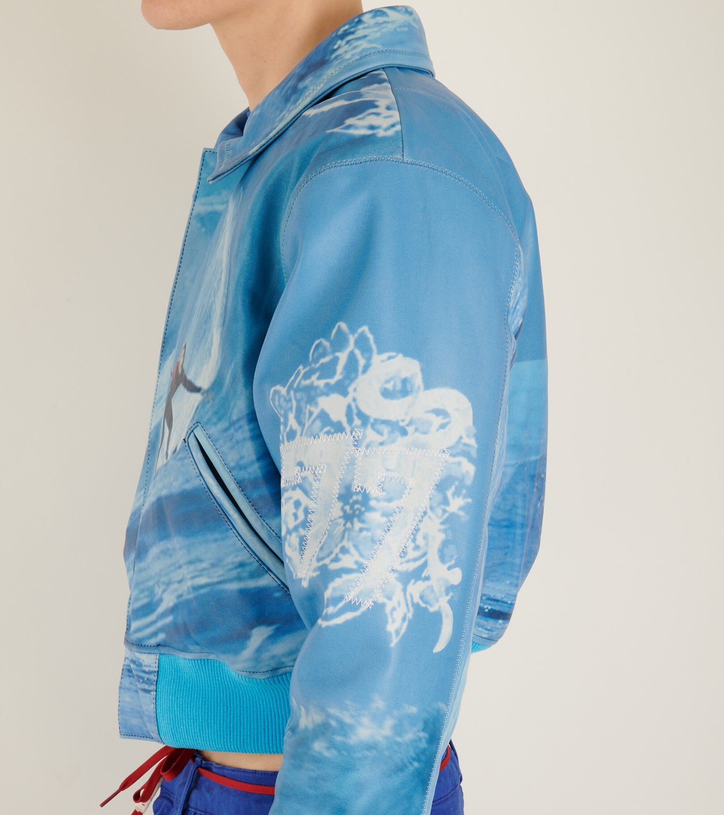 Surf Printed Leather Bomber Blue