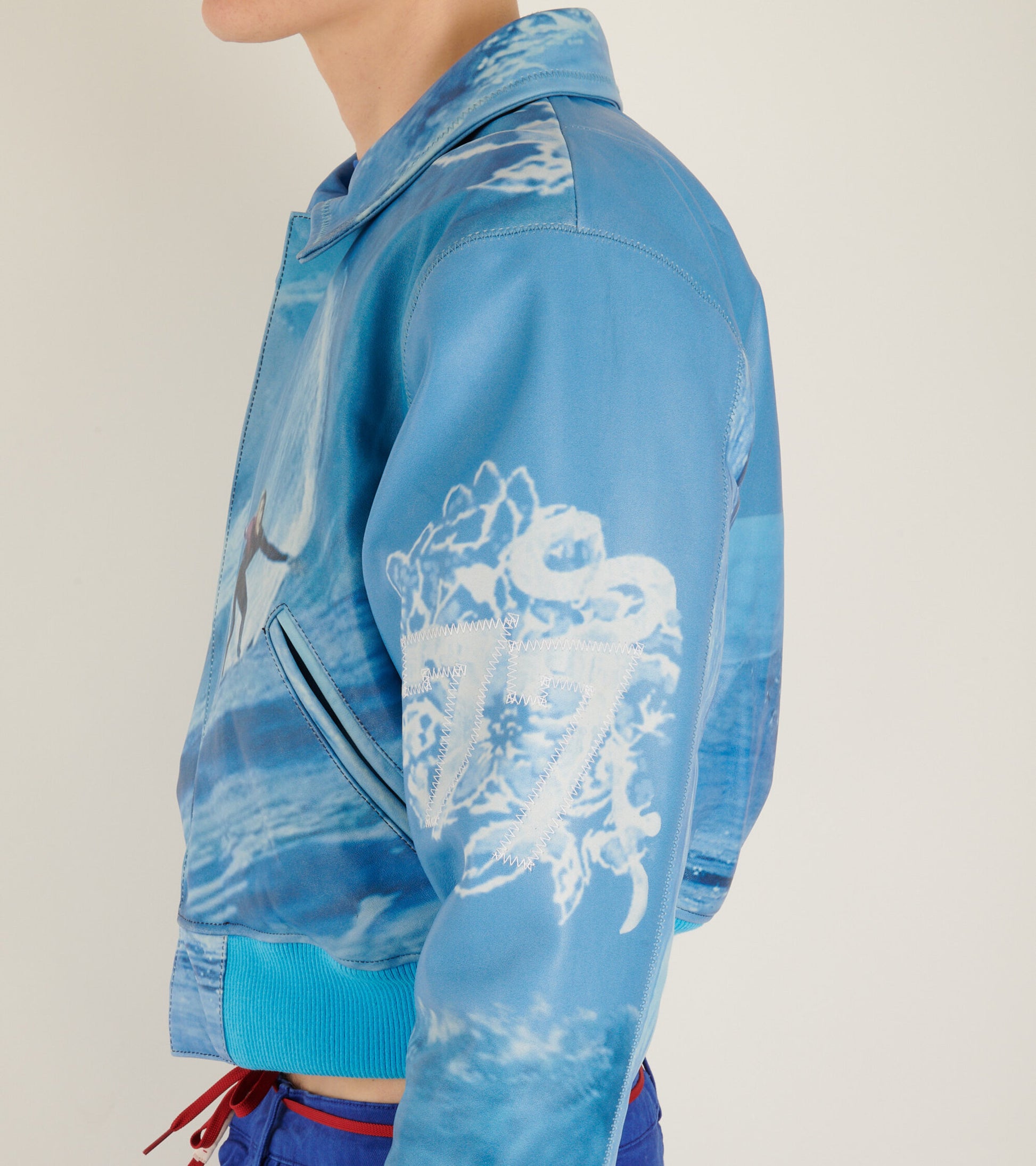 Surf Printed Leather Bomber Blue
