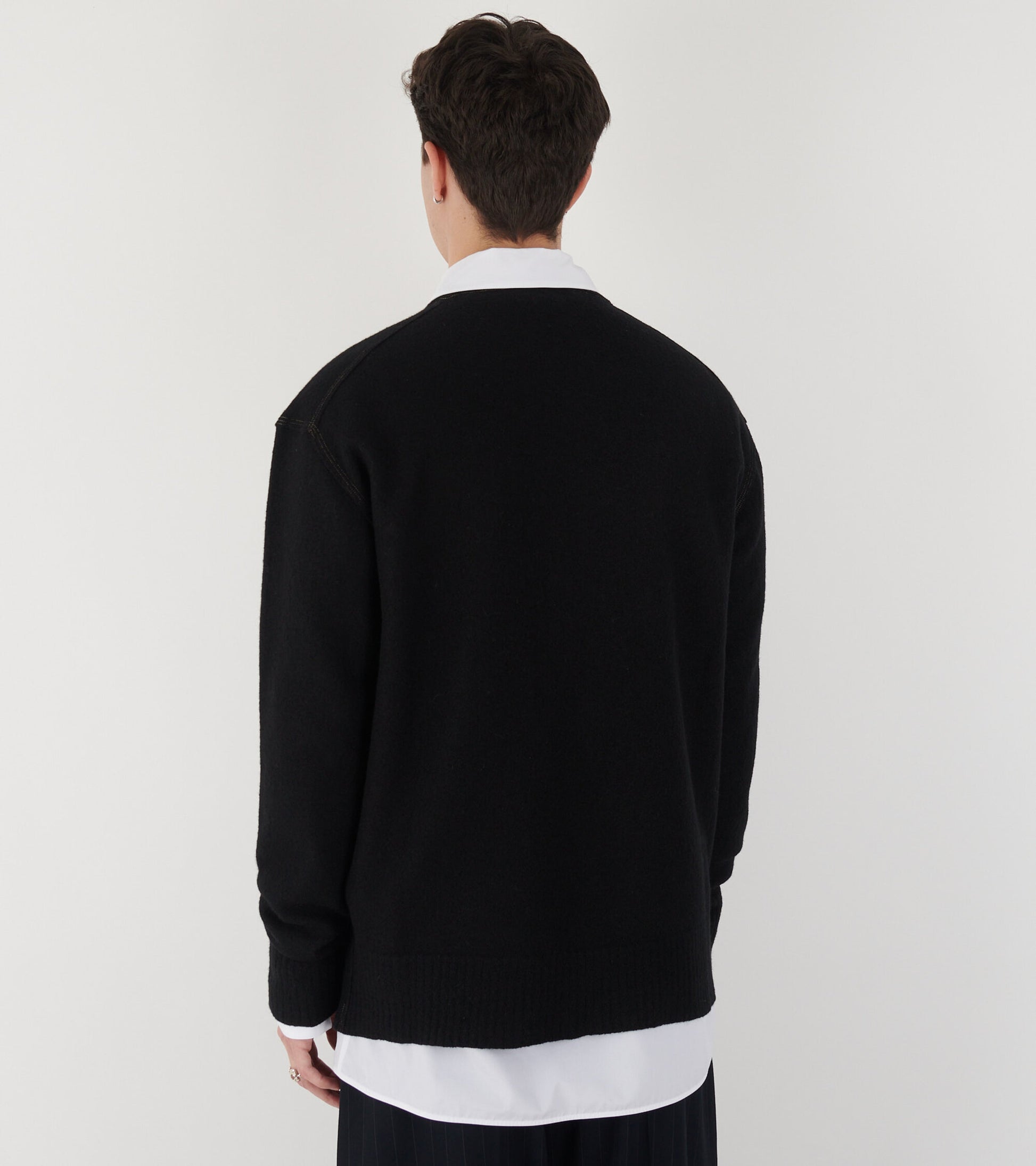 Contrast Stitching Merino Boiled Wool Knit Black