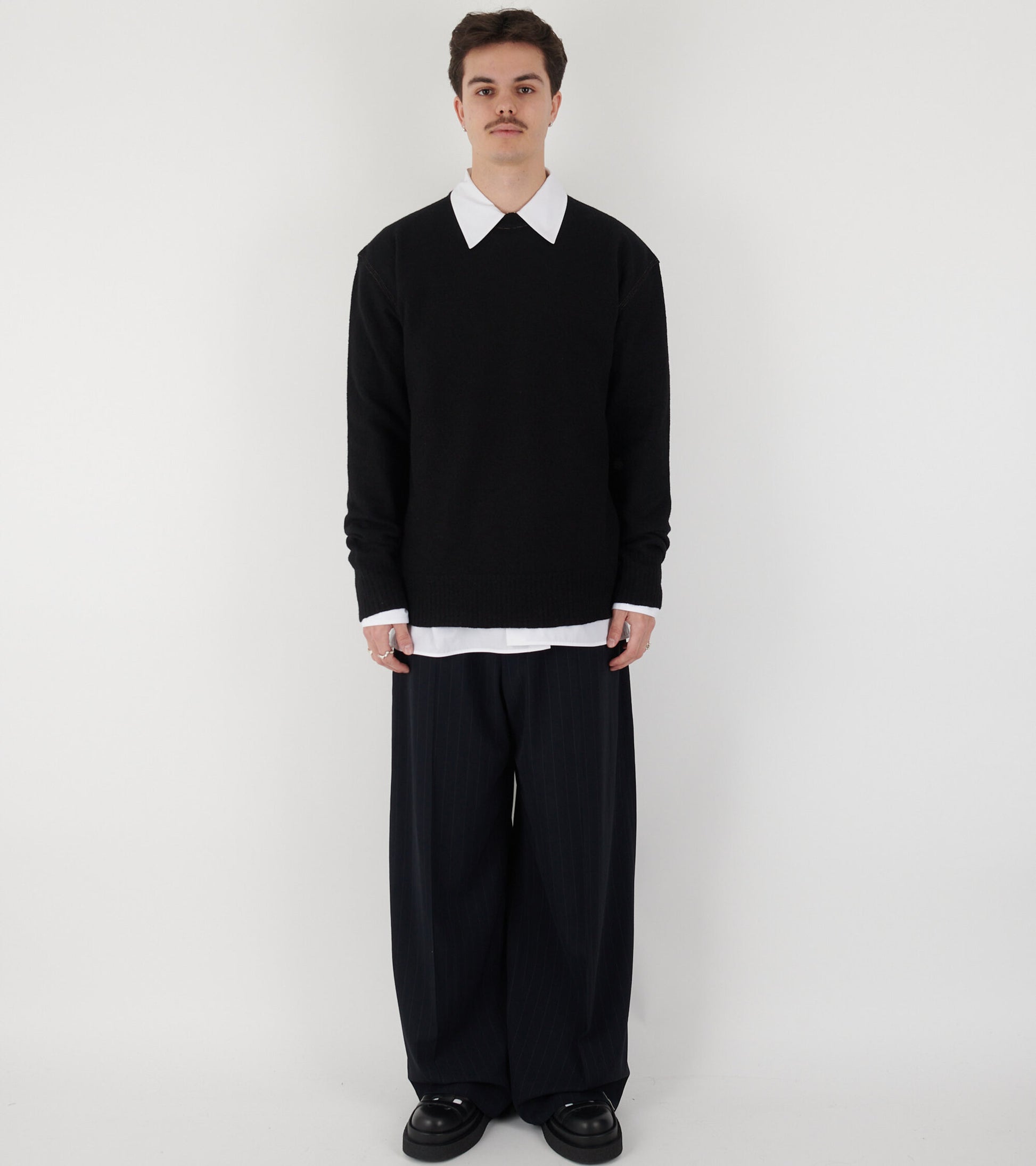 Contrast Stitching Merino Boiled Wool Knit Black