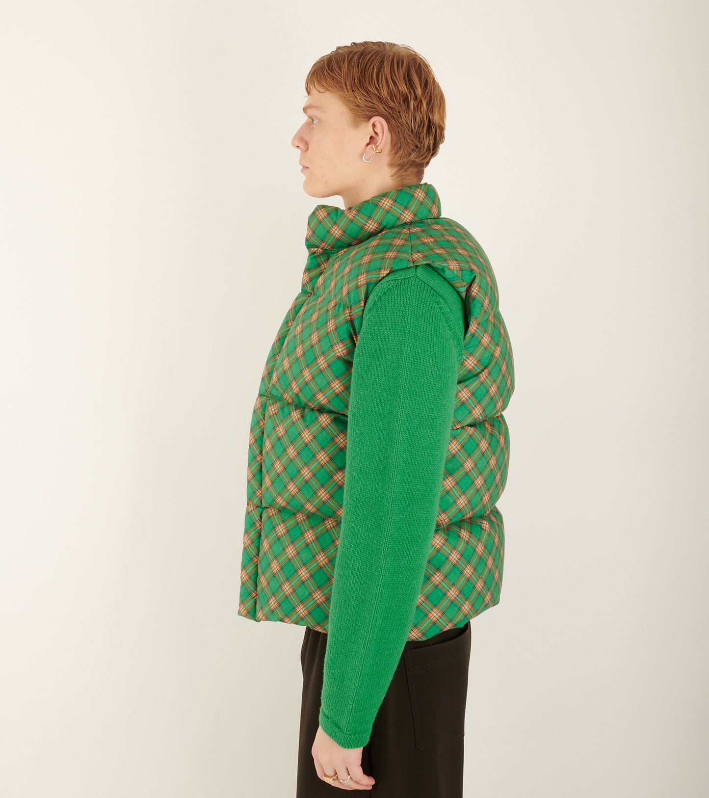 Cotton Down Vest Green Plaid