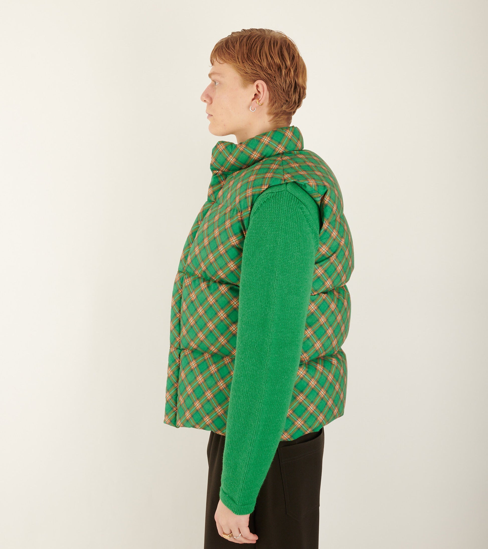 Cotton Down Vest Green Plaid