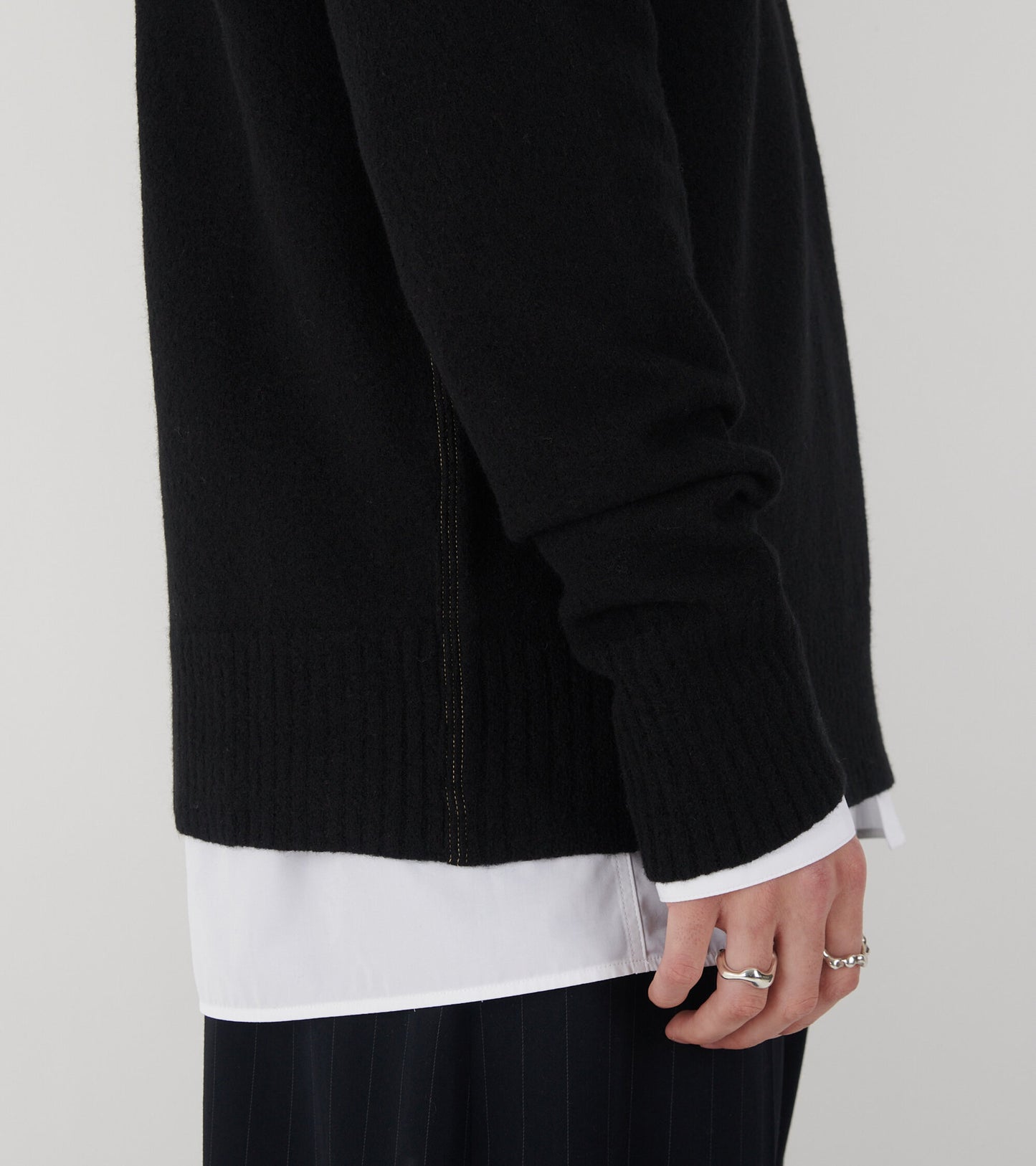 Contrast Stitching Merino Boiled Wool Knit Black