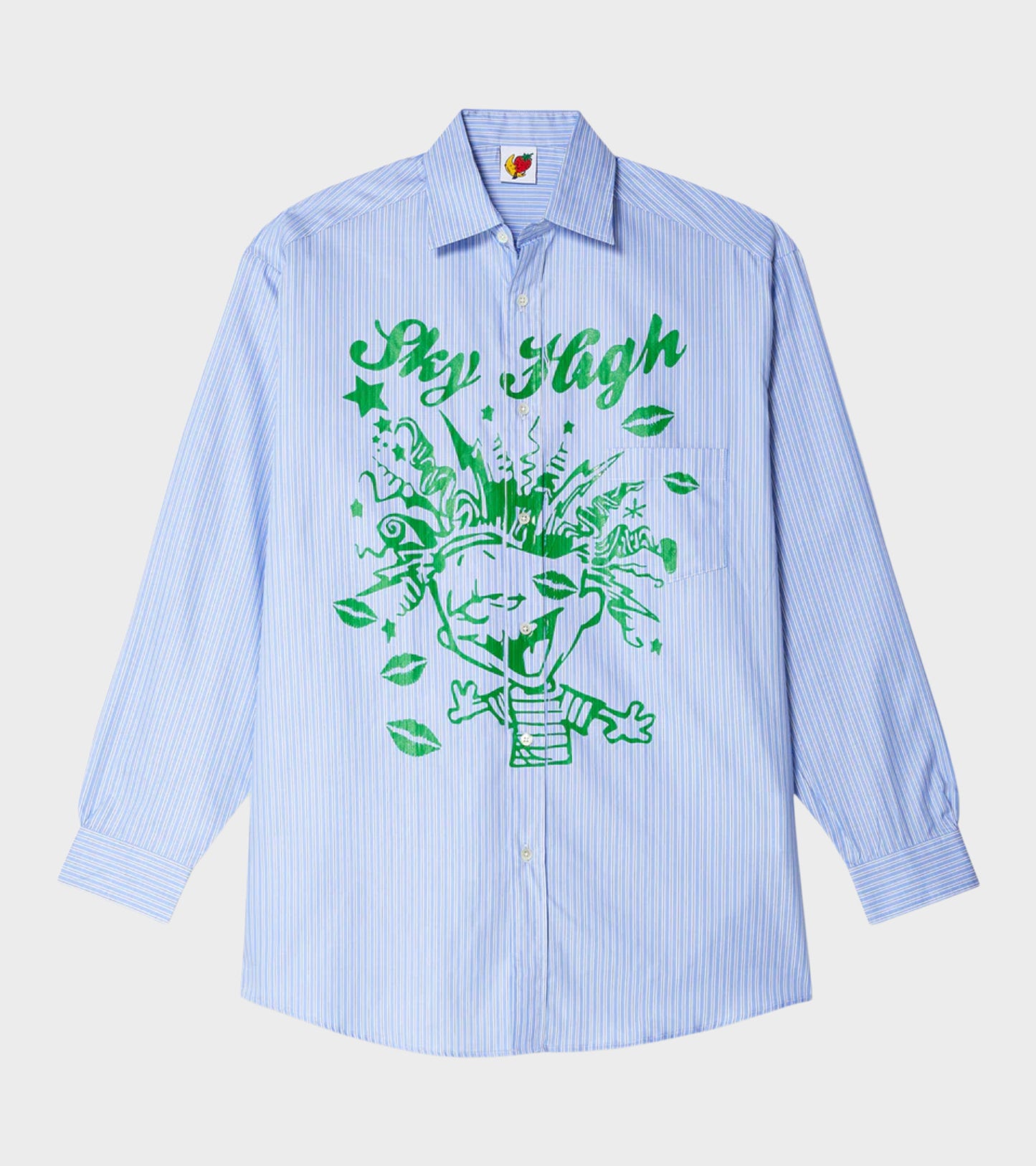 Mindblown Print Button Down Shirt Blue Stripe