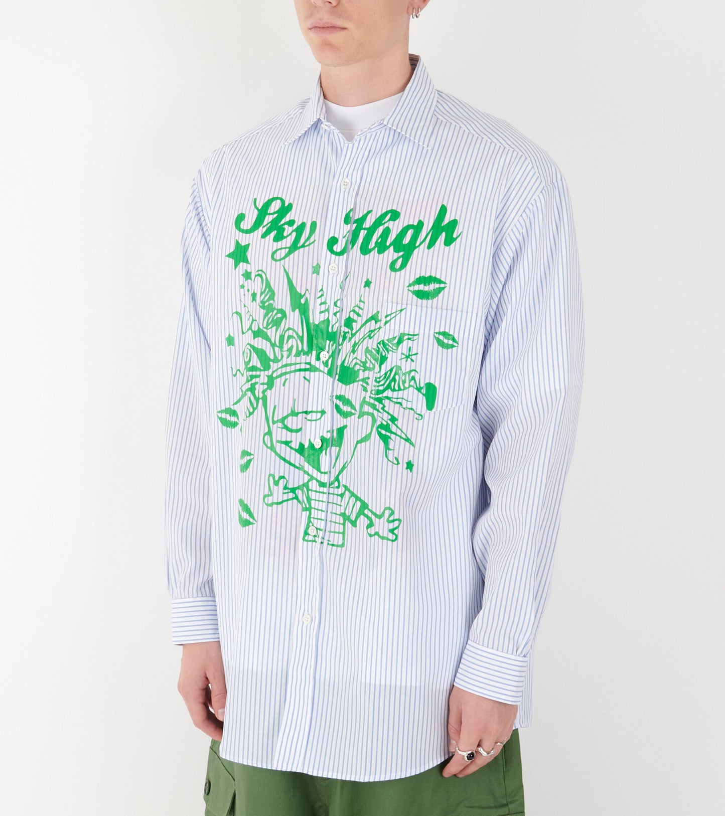Mindblown Print Button Down Shirt Blue Stripe