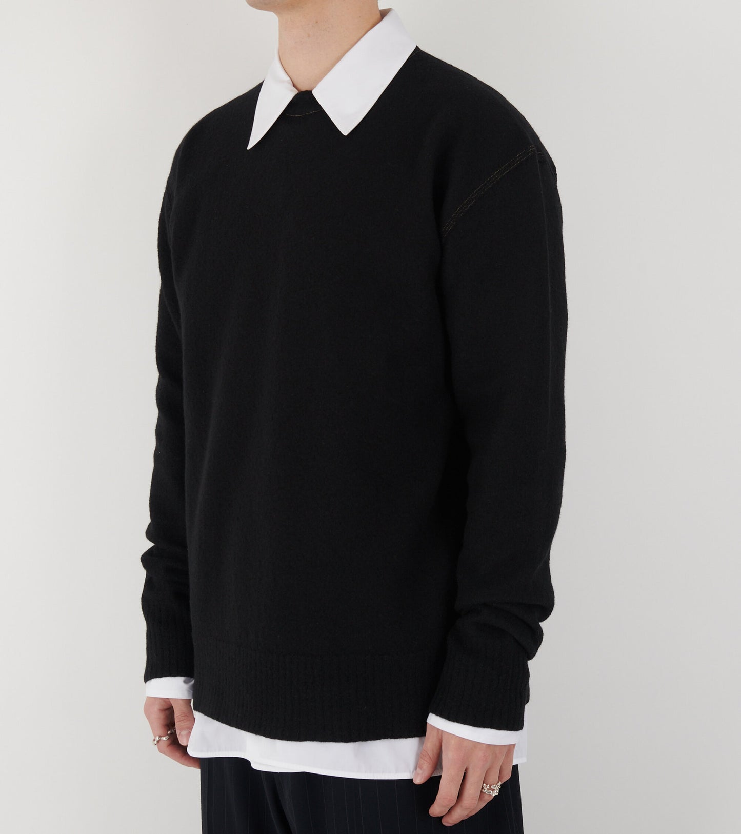 Contrast Stitching Merino Boiled Wool Knit Black