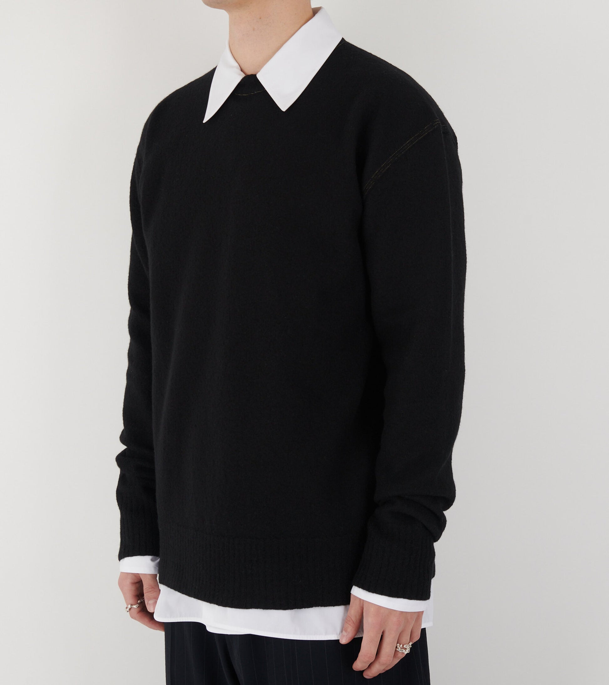 Contrast Stitching Merino Boiled Wool Knit Black