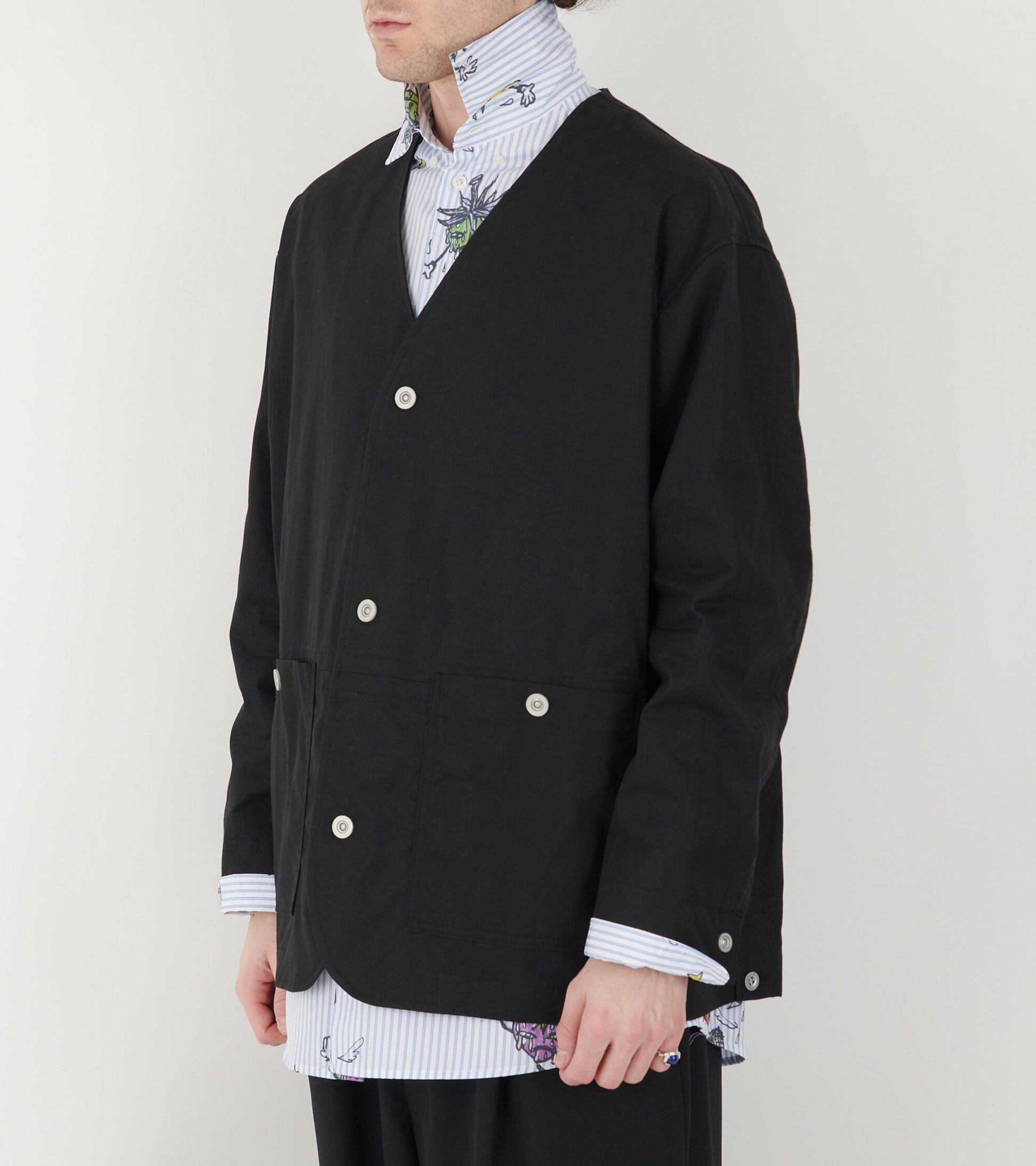 Linen Mix V-neck Jacket Black