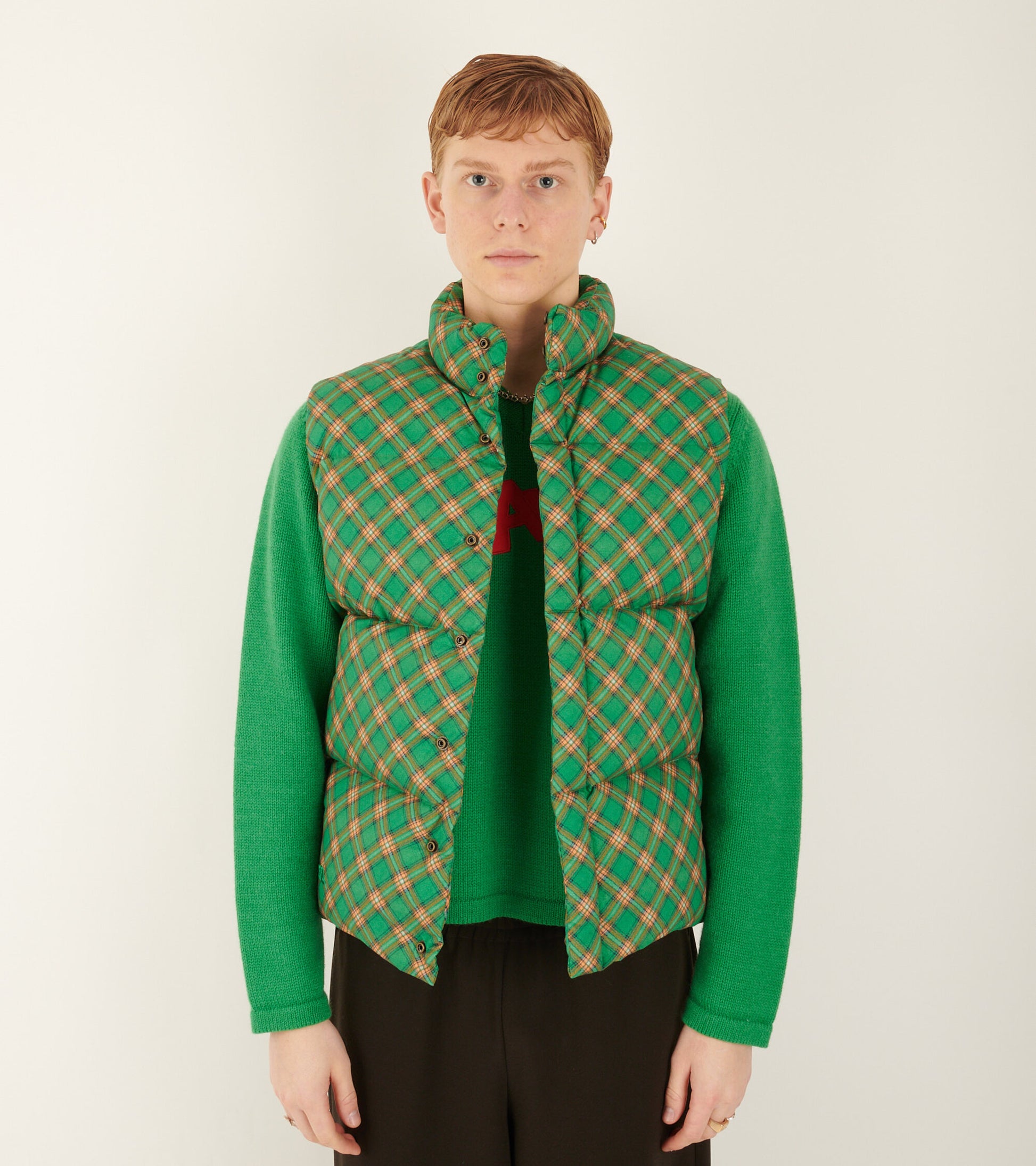 Cotton Down Vest Green Plaid