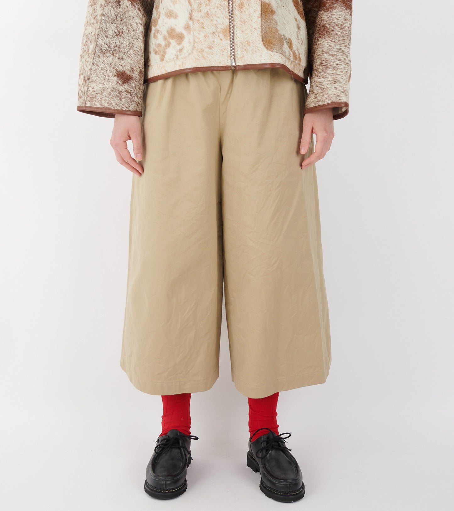 Wide Cropped Crinkle Cotton Canvas Pants Beige