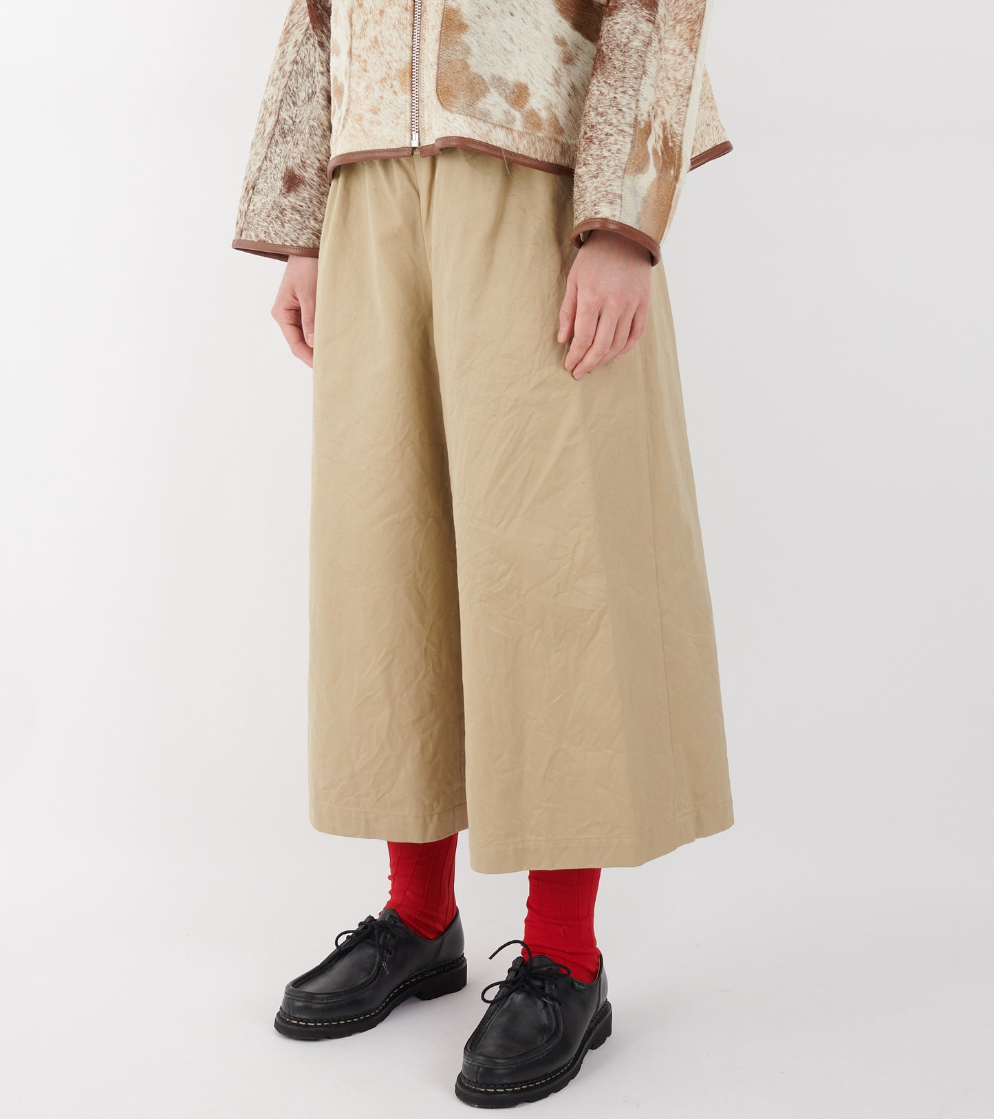 Wide Cropped Crinkle Cotton Canvas Pants Beige