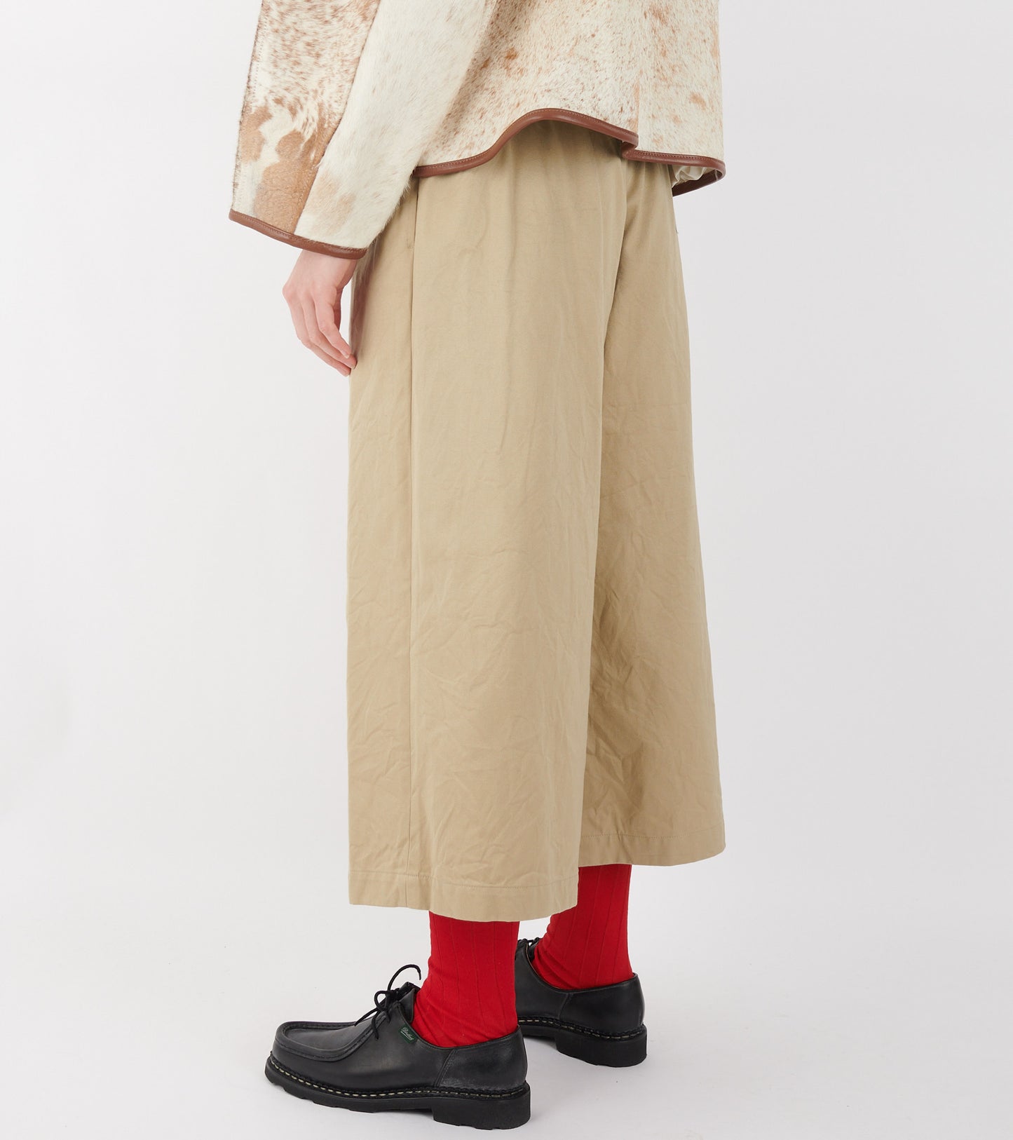 Wide Cropped Crinkle Cotton Canvas Pants Beige