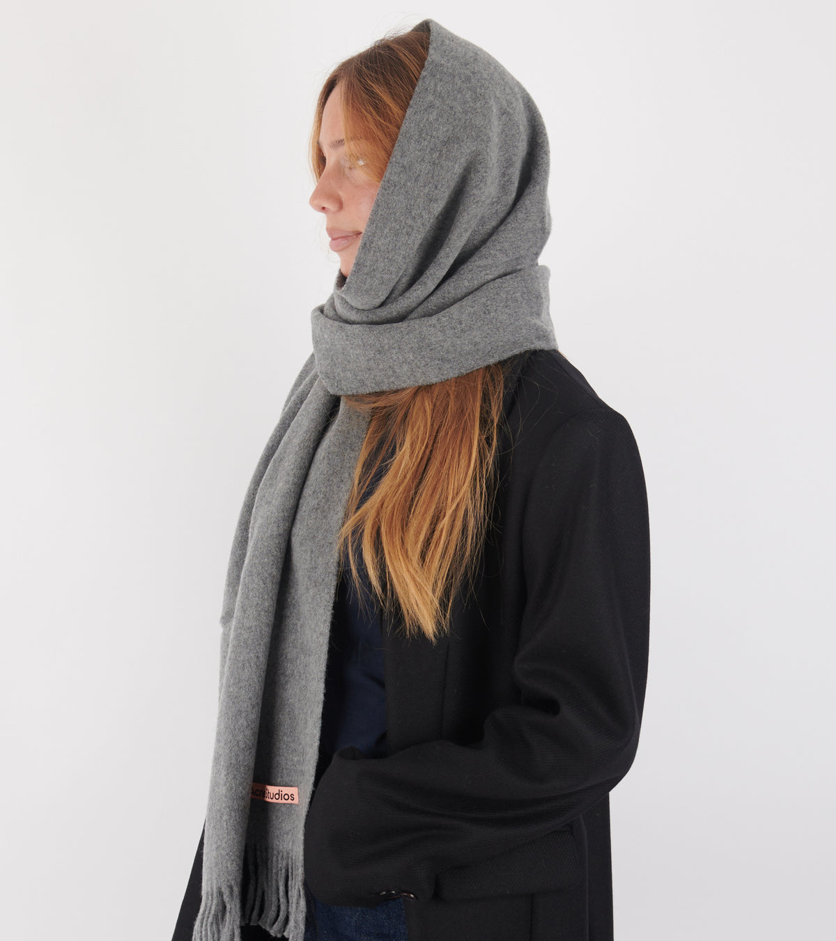 Fringe Wool Scarf Narrow Grey Melange